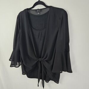 BCX Black Sheer Top Bell Sleeve Blouse Large Tie Front Y2K